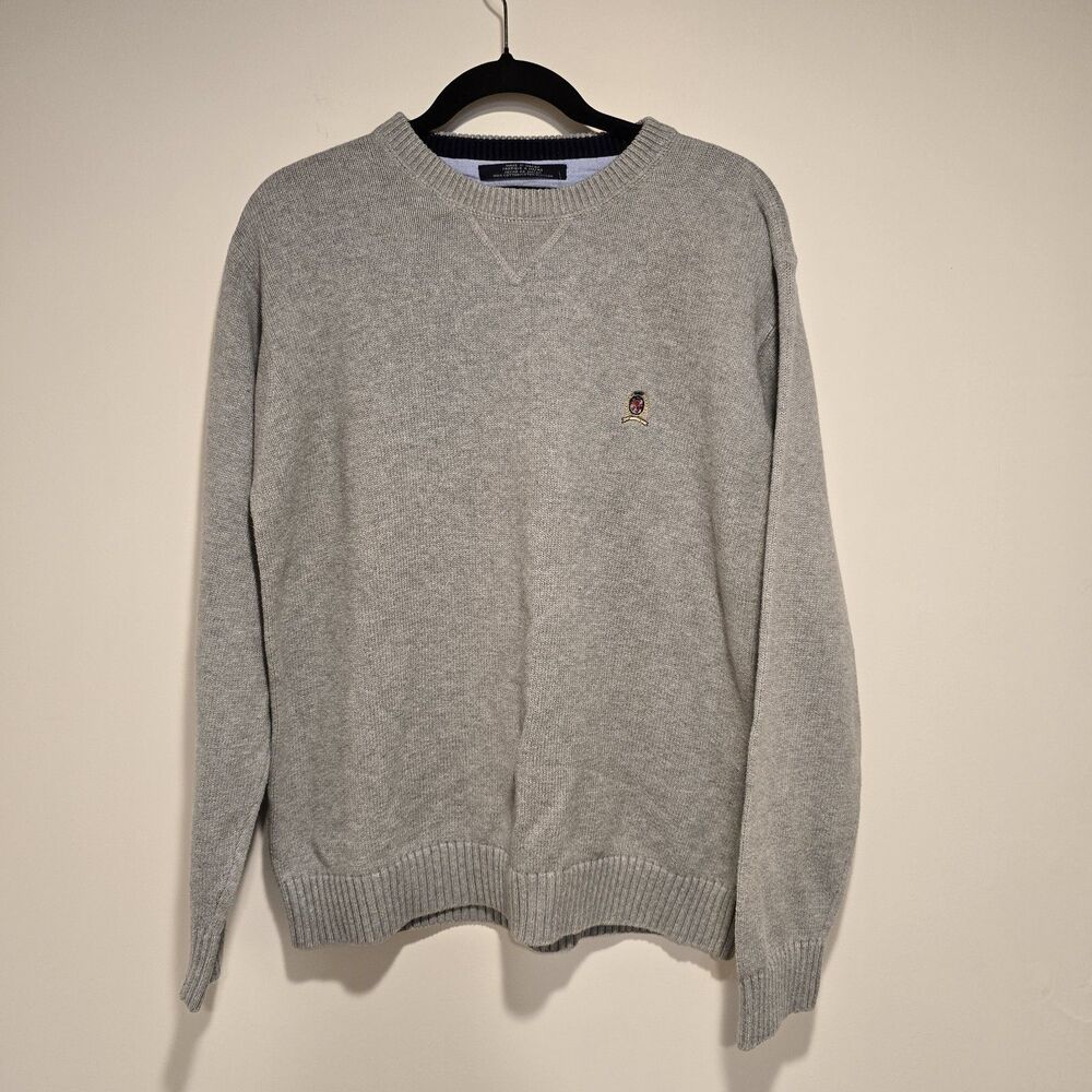 Vintage TOMMY HILFIGER Lion Crest Sweater MENS LARGE GRAY Crew Neck Cotton Prep